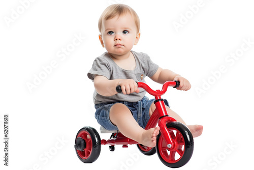 Baby on a tricycle isolated on transparent or white background. Fictional person. Generative AI photo
