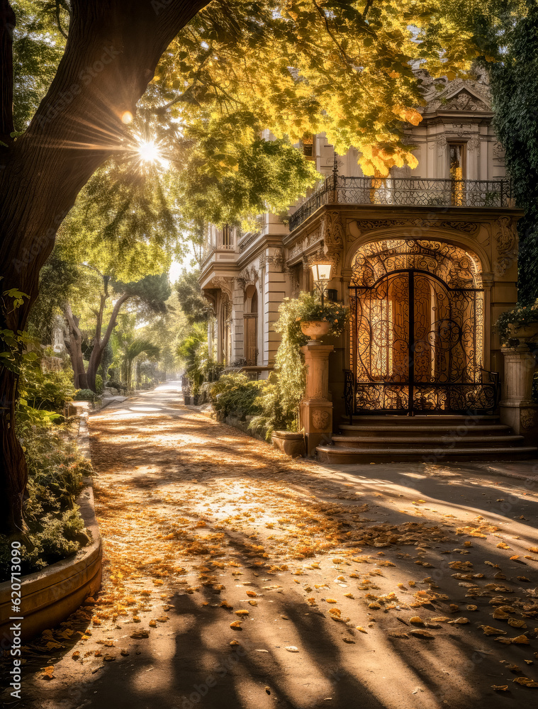 Old street in autumn. Generative AI photos