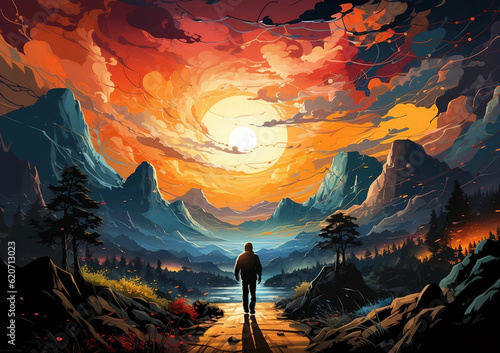 A Colorful Painting of a Man Walking Toward a Sun Setting Behind Mountains Generative AI