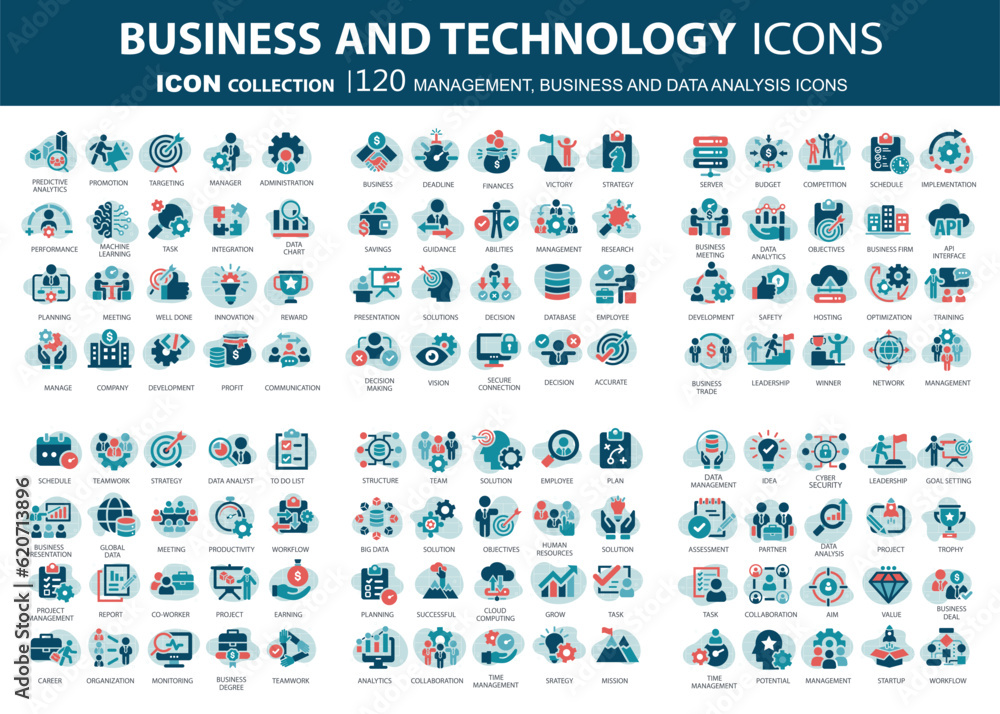 Business, data analysis, organization management and technology icon set. Teamwork, strategy, planning, marketing, cloud technology, data analysis, employee icon set. Icons vector collection - obrazy, fototapety, plakaty 