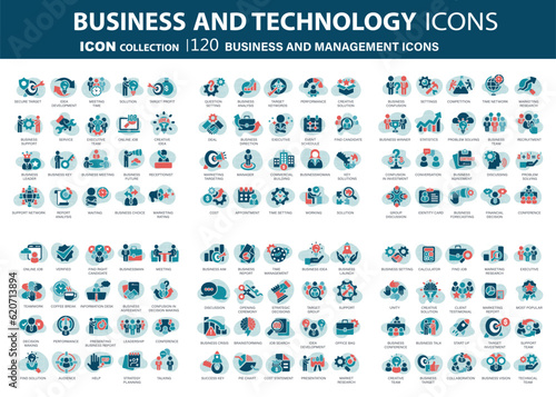Business and marketing, management, find job, meeting, teamwork collection. 120 set of blue icons set. Flat vector illustration