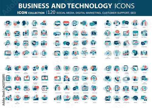 120 Business, data analytics, organization management icons. Social media, digital marketing, customer support and seo icon set. Vector icon collection