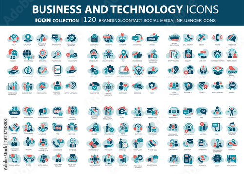 Customer service, branding, influencer, contact icon set. Contact us, follower, marketing, leadership, influence, content, community and customer icons. Support and satisfaction icon set. Vector set