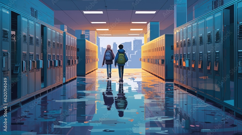 Obraz premium Male and female students leaving their supplies in the lockers to enter their classes on the day back to school