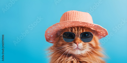 Red cat Maine Coon in sunglasses and pink hat on blue background  copy space