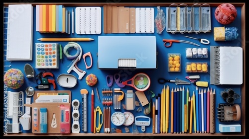 school supplies arranged from everything a student takes to school and uses in their classes on a regular basis, back to school day