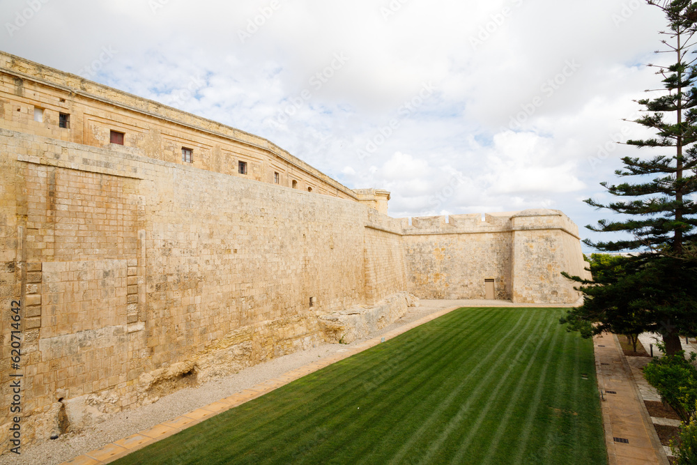 These gardens surround the medieval city of Mdina. Fortress wall and Howard gardens of Mdina citadel. Malta.