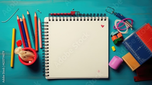 notebook that the student uses at school, all ready for the return to school, with supplies and colors