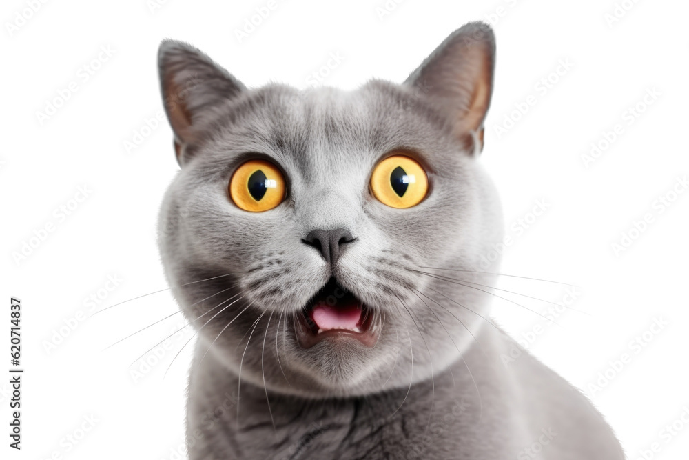 Close-up Funny Portrait of Surprised British Cat with Huge Yellow Eyes. Isolated on White and PNG Transparent Background.