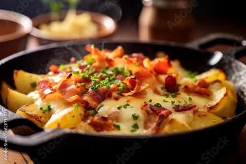 Tartiflette with golden potatoes, crispy bacon, and melted cheese on a wooden table