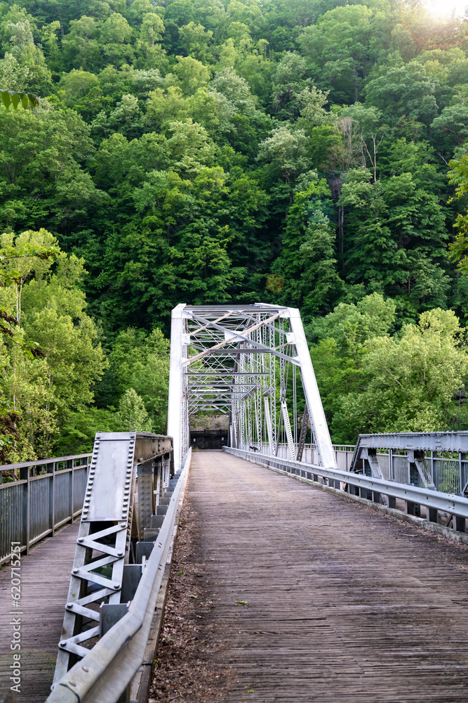 Old iron automobile and pedestrian bridge in the gorge. Old iron automobile and pedestrian bridge in the gorge.