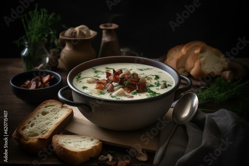 Creamy clam soup with crispy bacon, herb, and bread. Generative AI