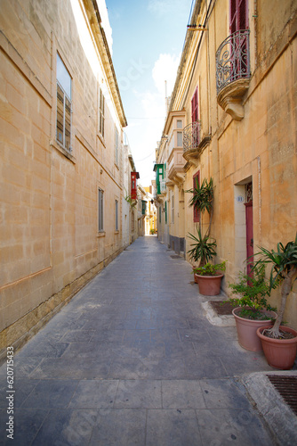 Characteristic alley of Ir-Rabat  Gozo  Malta  super-wide angle