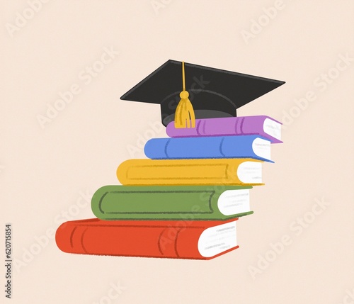 Colorful books and academic hat - graduation and learning journey. photo