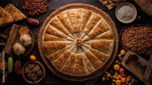 Galette de Rois surrounded by various ingredients such as almonds, sugar, and pastry dough
