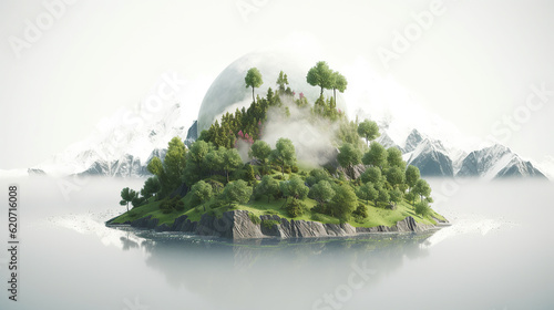 Floating Island Paradise: Digital Art of a Serene Oasis on a White Background photo