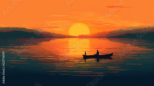  Silhouette of a Canoe at Golden Hour, River Serenity: