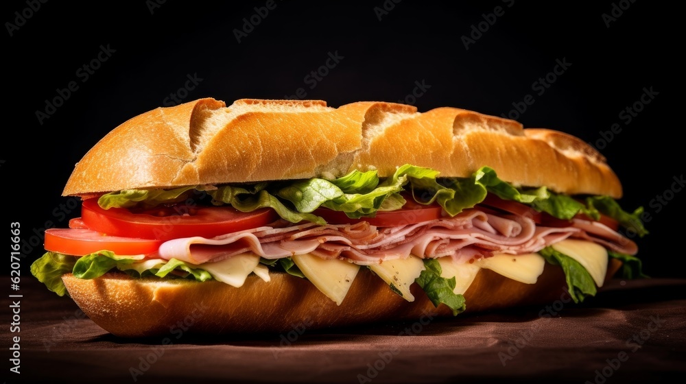 baguette sandwich filled with ham, cheese, lettuce, and tomatoes baguette sandwich filled with ham, cheese, lettuce, and tomatoes