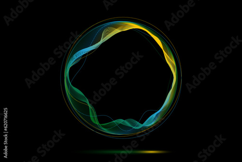 Round frame made of dynamic neon curved lines for technology concepts, user interface design, web design. Green and yellow lines. Black background. Vector illustration