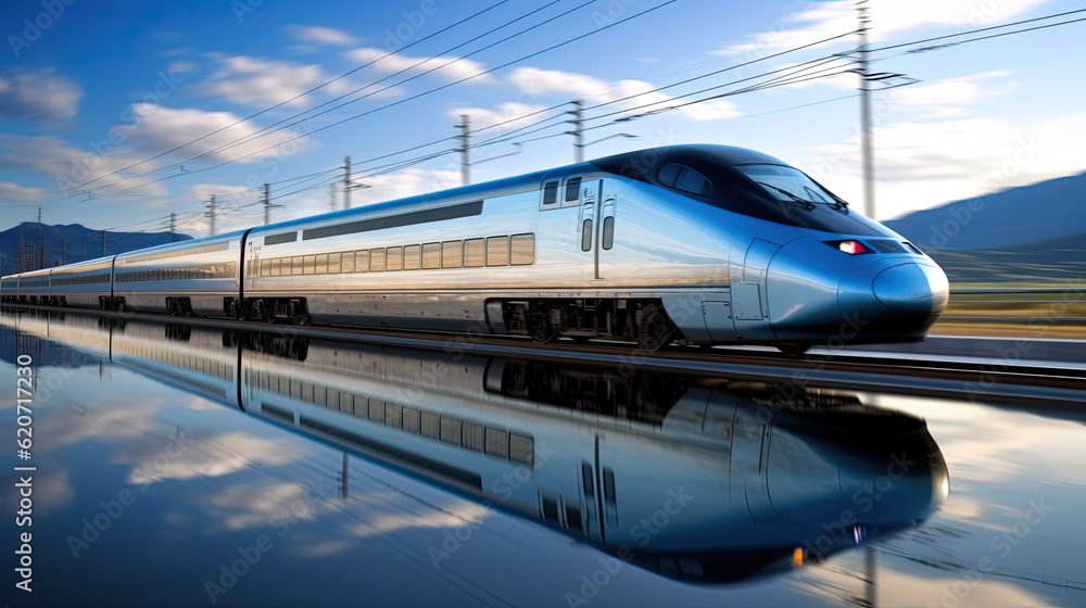 A high-speed train speeding through a picturesque rural countryside, blue sky and modern reflexion, transport wallpaper, created with Generative AI technology - obrazy, fototapety, plakaty 