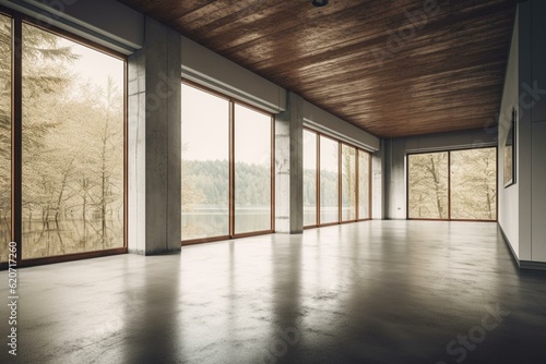 Contemporary empty room with white walls  concrete floor  wooden ceiling  and a large window with nature view. Generative AI