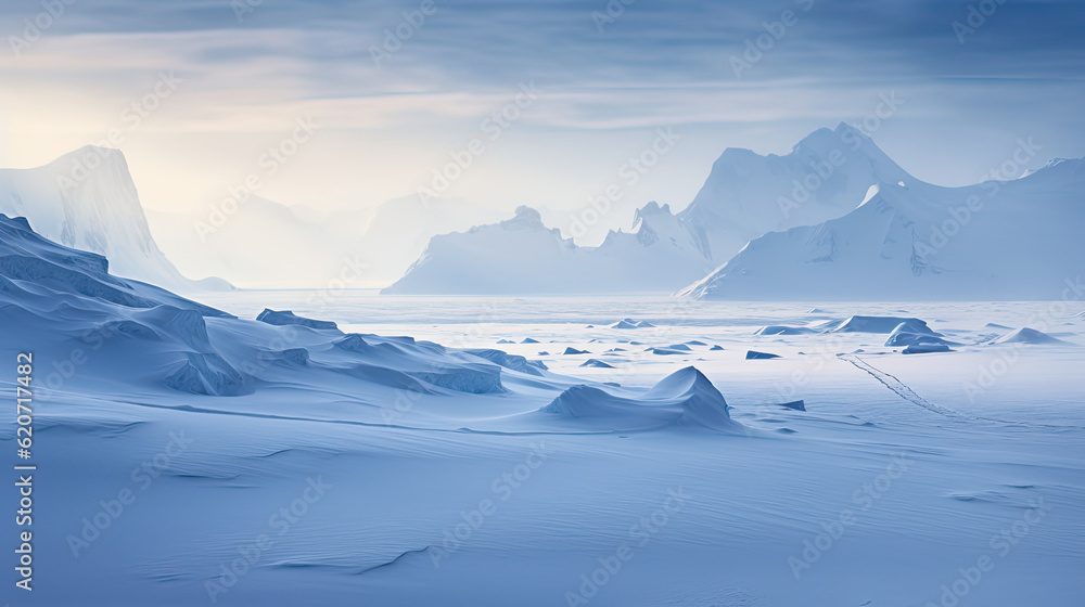 polar regions wallpaper, snow-covered landscape with majestic mountains in the distance, AI