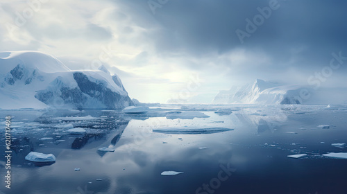 melting arctic ice banner, an iceberg floating in the ocean surrounded by other icebergs, AI