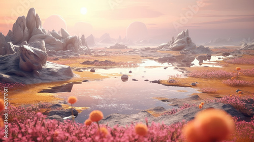 a new word wallpaper, 3D landscape with sunrise in the mountains, illustration colorful 3D rocks, and vibrant flowers created with Generative AI technology
