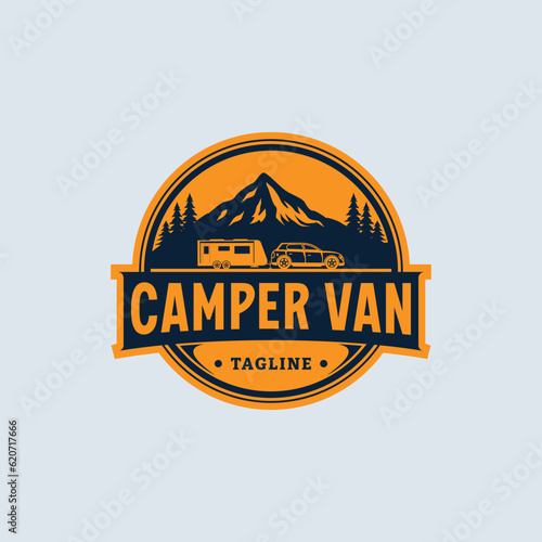 camping car trailer mountain in the middle of a jungle of pine trees for outdoor camp adventure vector logo design