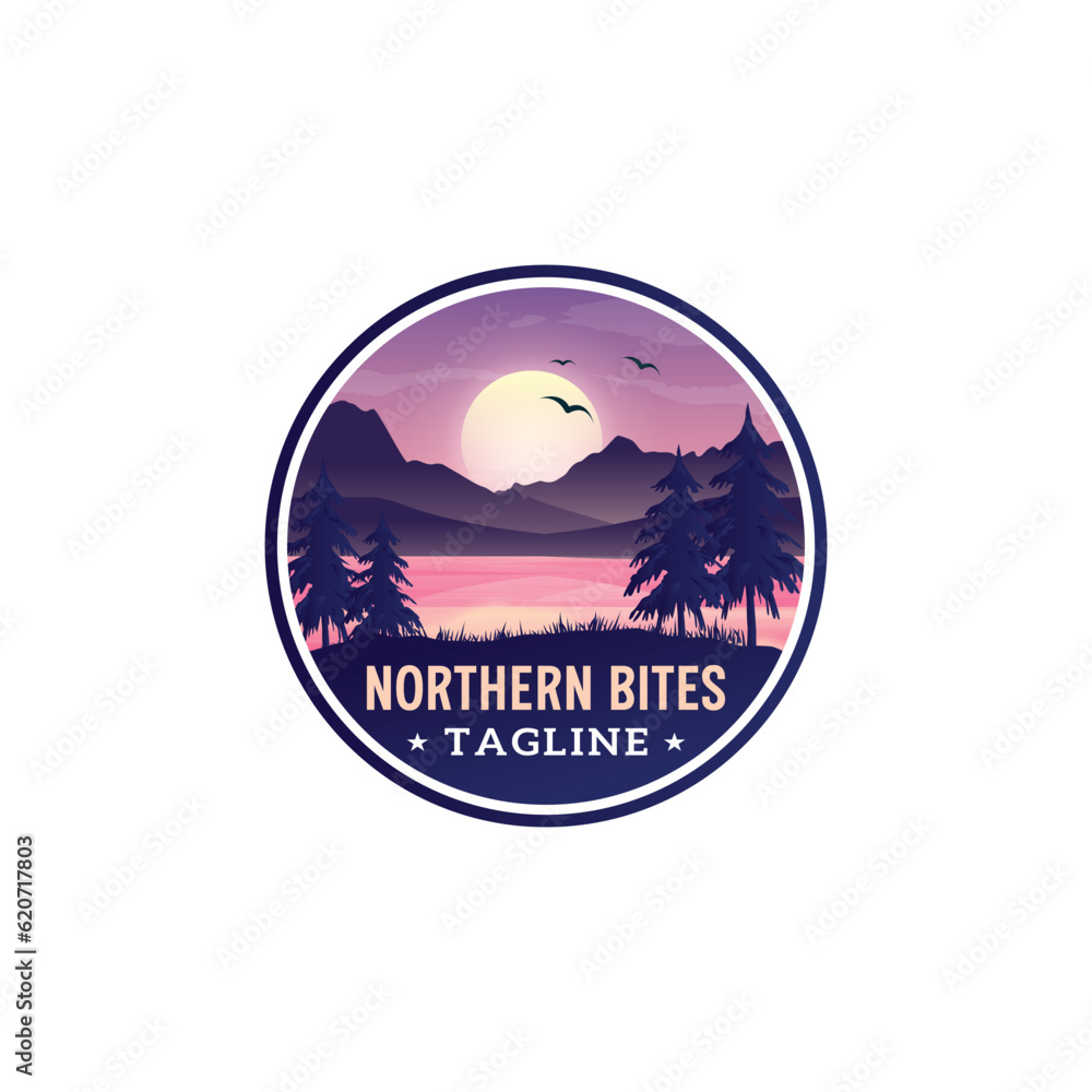 Vintage-styled wild nature sunshine river Northern light mountains forest badge or label or sticker design template