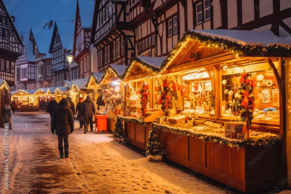 Christmas in the Ore mountains. Christmas market and shopping concept. Fairy lights and snow. Generative AI