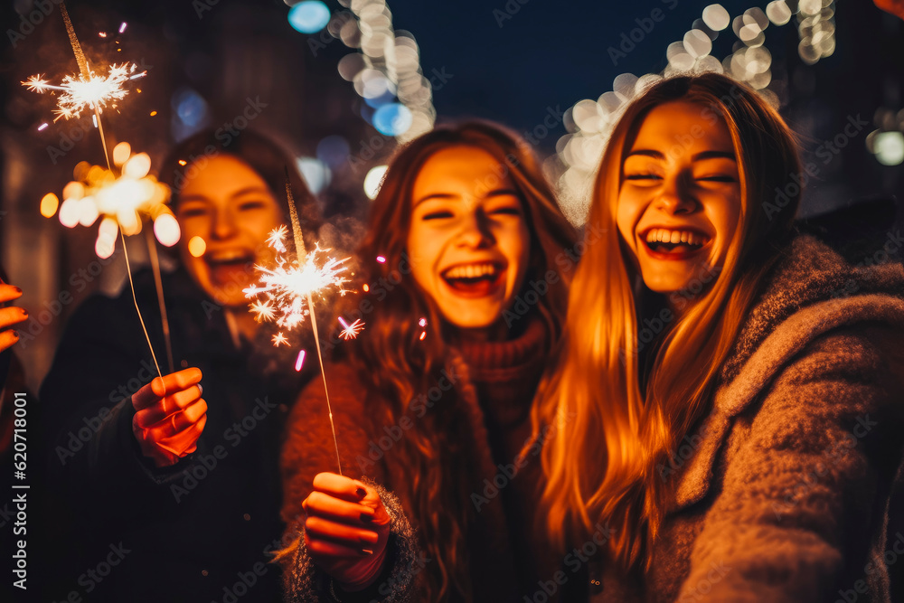 Happy friends with sparklers at a fair at Christmas. Christmas market and shopping concept. Fairy lights and snow. Generative AI Happy friends with sparklers at a fair at Christmas. Christmas market and shopping concept. Fairy lights and snow. Generative AI