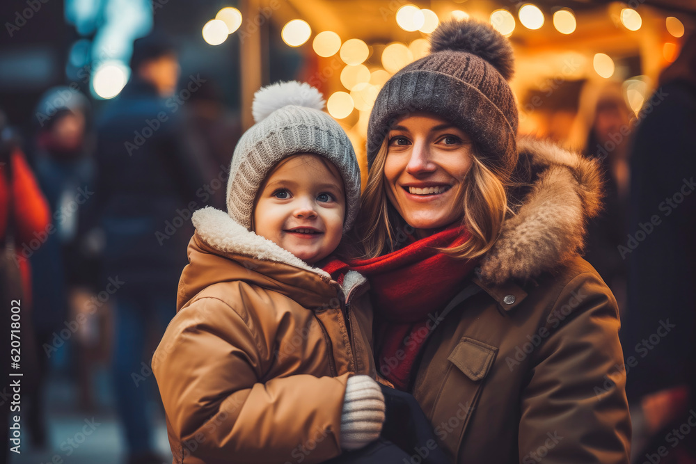 Little toddler girl with mother at Christmas market. Smiling happy child at festive market with parent. Generative AI