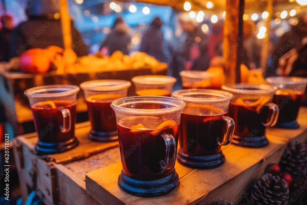 Delicious mulled wine. Christmas market and shopping concept. Fairy lights and snow. Generative AI