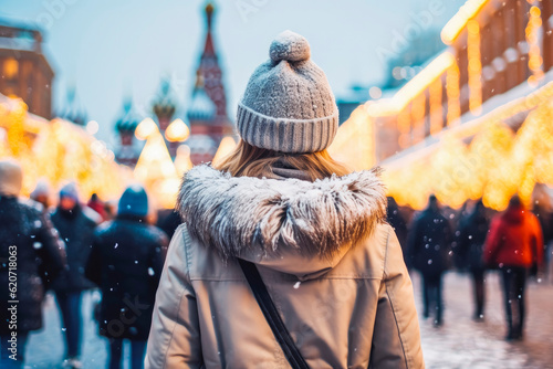 Girl walking on Christmas market at Red square in Moscow. Christmas market and shopping concept. Fairy lights and snow. Generative AI