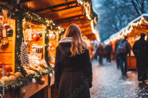 Girl walking around at Christmas market. Portrait with lights in background. Generative AI