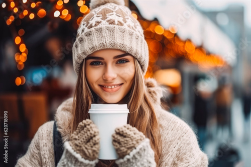 Beautiful woman with a cup hot drink, tea or coffee or mulled wine at Christmas market. Generative AI