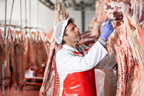 Male butcher inspecting temperature of beef with food thermometer