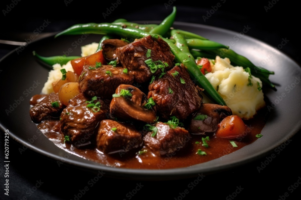 Beef Bourguignon with mashed potatoes and a side of green beans Beef Bourguignon with mashed potatoes and a side of green beans