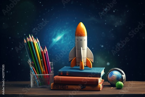Back To School - Books And Pencils With Rocket Sketch copy space,Generative AI	