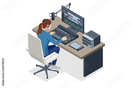 Isometric Music Recording Studio. Engineer working on recording studio mixer. Producer Working in Music Recording Studio