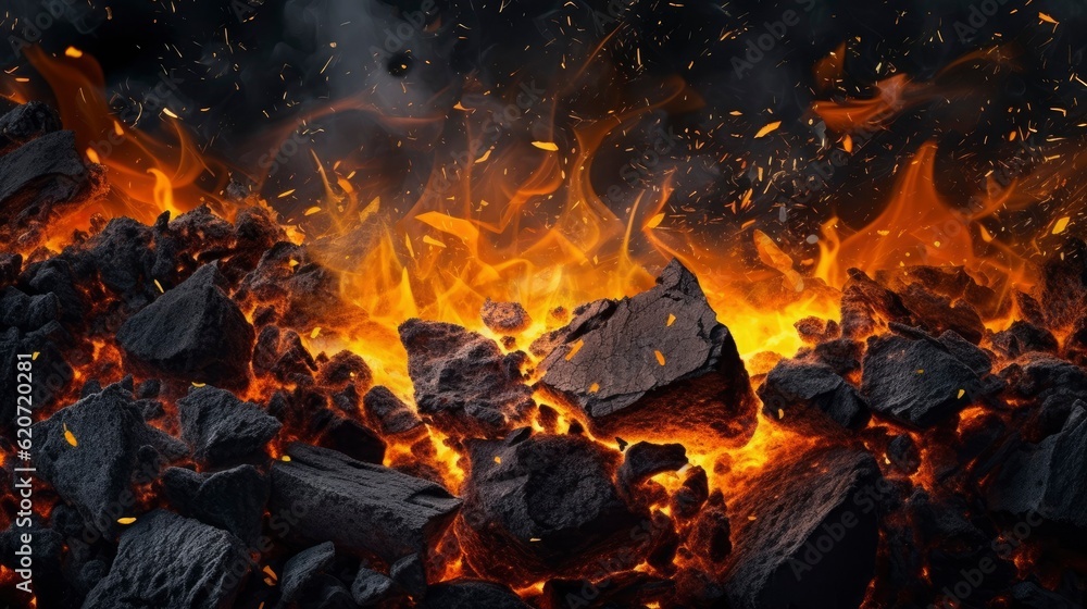 Barbecue Grill Pit With Glowing And Flaming Hot Charcoal Briquettes, Close-Up Barbecue Grill Pit With Glowing And Flaming Hot Charcoal Briquettes, Close-Up