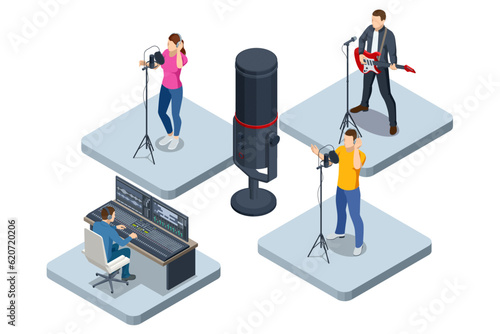 Isometric Music Recording Studio. Engineer working on recording studio mixer. Studio microphone. Woman singing into a condenser microphone