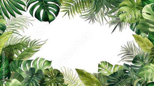 Tropical frame with exotic jungle plants, palm leaves, monstera and place for text, transparent background