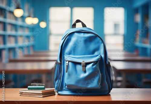 Blue back pack with school supplies on a desk, with blurred background,Generative AI 