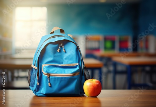 Blue back pack with school supplies on a desk, with blurred background,Generative AI 