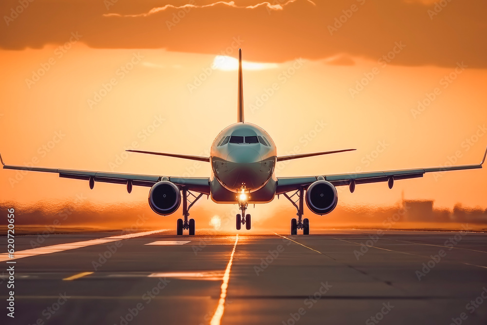 Passenger aircraft landing at airport with sunset in the background. Generative AI Passenger aircraft landing at airport with sunset in the background. Generative AI