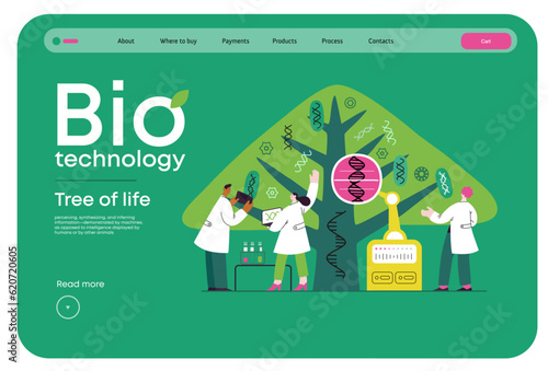 Bio Technology, Tree of life - modern flat vector concept illustration of scientists observing the tree, whose leaves represent various types of DNA. Metaphor of genetic research and diversity of life