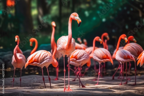 Group of flamingo birds gathering in natural habitat, beautiful animals in wild. Generative AI