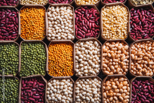 Top view of bulk legumes, color esthetic. Generative AI